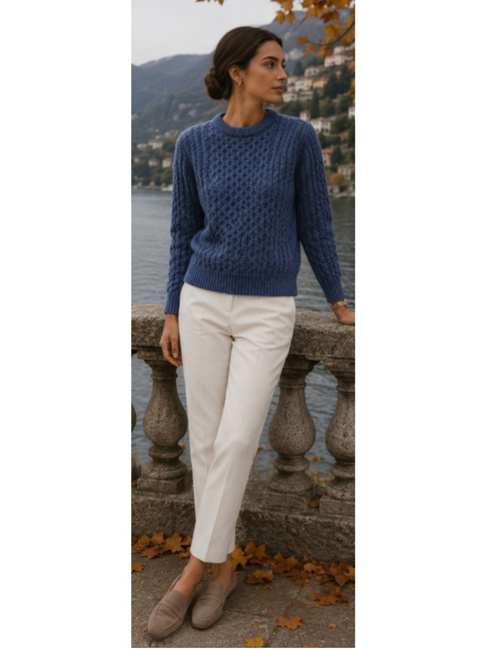 Aran Cable Knit Crew Neck Sweater Size S Blue Wool Luxury